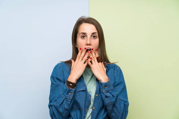 Young Woman Colorful Background Surprise Facial Expression — Stock Photo, Image