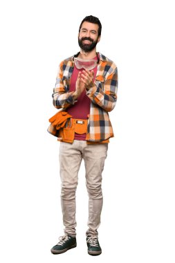 Esnaf adam izole beyaz arka plan üzerinde bir konferansta sunum dan sonra alkışlayan