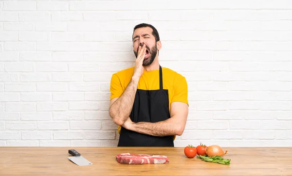 Chef Holding Cuisine Yawning Covering Wide Open Mouth Hand — Stock Photo, Image