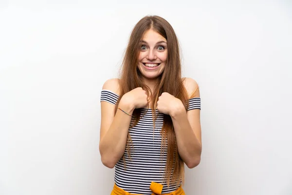 Junge Frau Mit Langen Haaren Über Isolierter Weißer Wand Mit — Stockfoto