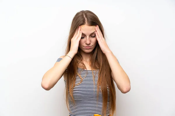 Young Woman Long Hair Isolated White Wall Tired Sick Expression — Stock Photo, Image