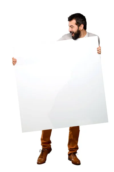 Happy Handsome Man Beard Holding Empty Placard Isolated White Background — Stock Photo, Image