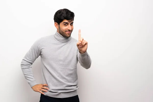 Young Man Isolated White Wall Showing Lifting Finger Sign Best — Stock Photo, Image