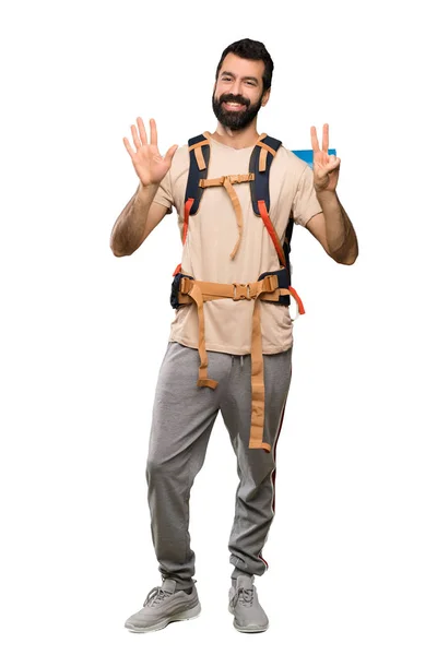 Hiker Man Counting Seven Fingers Isolated White Background — 스톡 사진