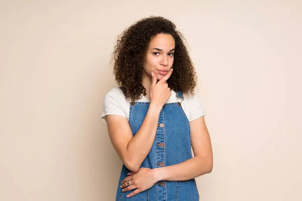 Dominican Woman Overalls Thinking — Stock Photo, Image