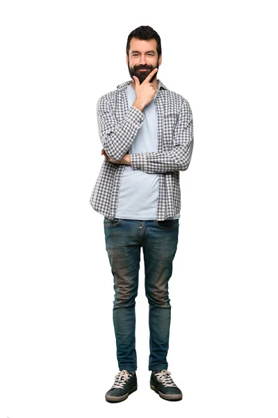 Bonito Homem Com Barba Pensando Sobre Fundo Branco Isolado — Fotografia de Stock