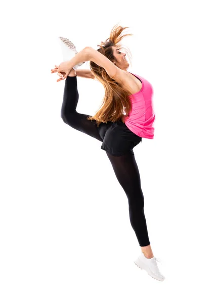 Menina Dança Jovem Sobre Isolado Fundo Branco Saltando — Fotografia de Stock