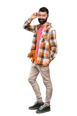 Mutlu esnaf adam izole beyaz arka plan üzerinde