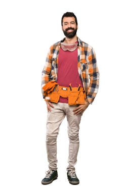 İzole beyaz arka plan üzerinde gülen esnaf adam