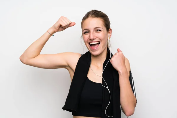 Giovane Donna Sportiva Sfondo Bianco Isolato Che Celebra Una Vittoria — Foto Stock