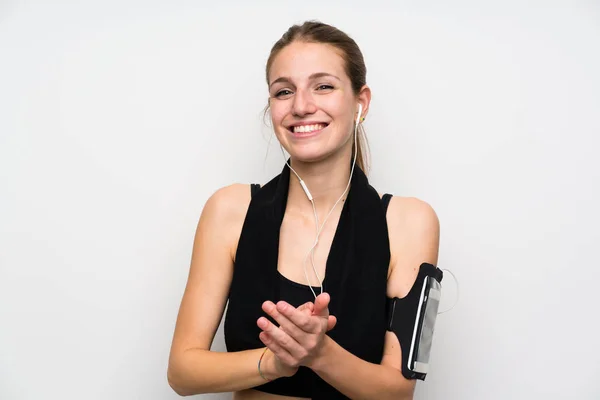 Jovem Mulher Esporte Sobre Isolado Fundo Branco Aplaudindo — Fotografia de Stock