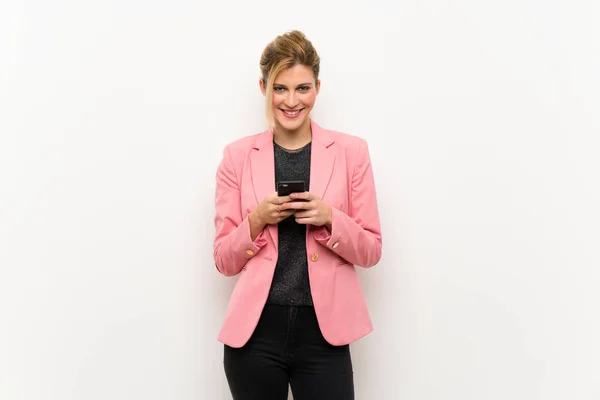 Young Blonde Woman Pink Suit Sending Message Mobile — Stock Photo, Image