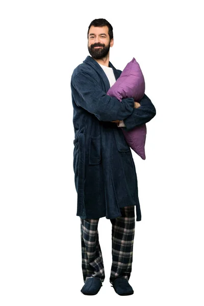Man Met Baard Pyjama Houden Armen Gekruist Frontale Positie Geïsoleerde — Stockfoto