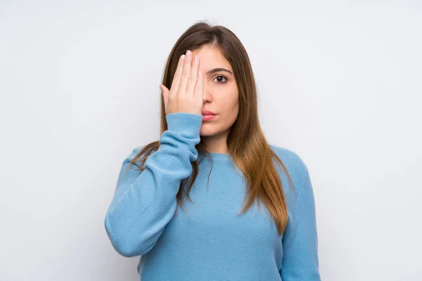 Young Girl Blue Sweater Covering Eye Hand — Stok fotoğraf