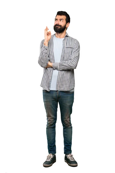 Hombre Guapo Con Barba Con Dedos Cruzando Deseando Mejor Sobre — Foto de Stock