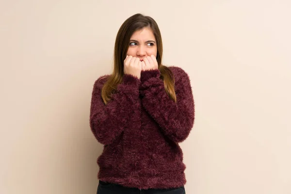 Young Girl Nervous Scared Putting Hands Mouth — Stockfoto