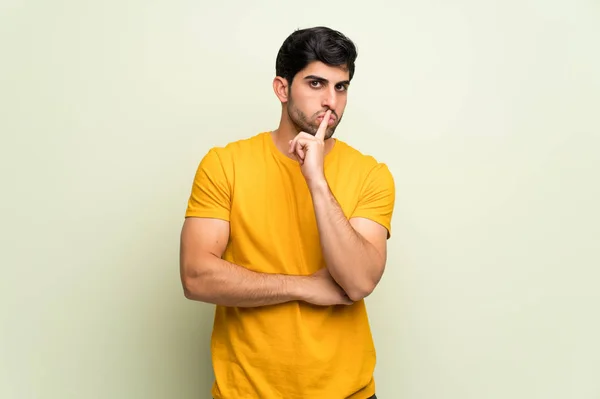 Young Man Pink Wall Showing Sign Silence Gesture Putting Finger — Stock Photo, Image