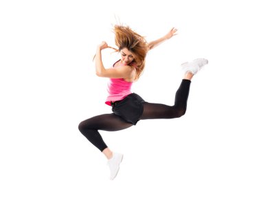 Izole beyaz arka plan atlama üzerinde Genç dans kız