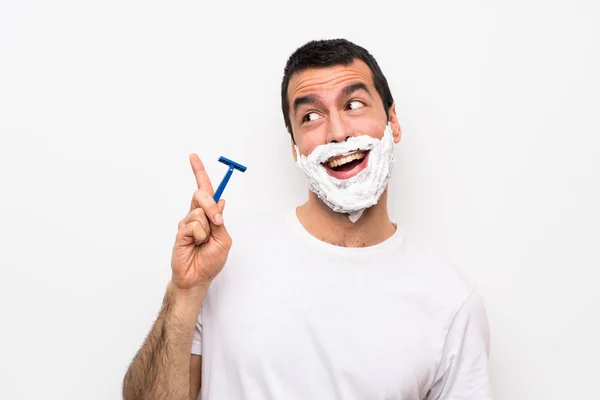 Man Shaving His Beard Isolated White Background Intending Realizes Solution — Stock Photo, Image