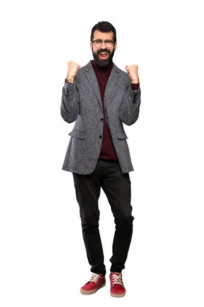 Hombre Guapo Con Gafas Celebrando Una Victoria Posición Ganadora Sobre — Foto de Stock