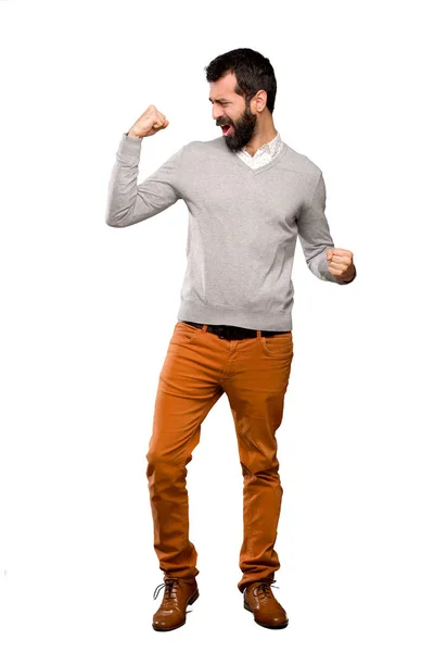 Hombre Guapo Celebrando Una Victoria Sobre Fondo Blanco Aislado — Foto de Stock