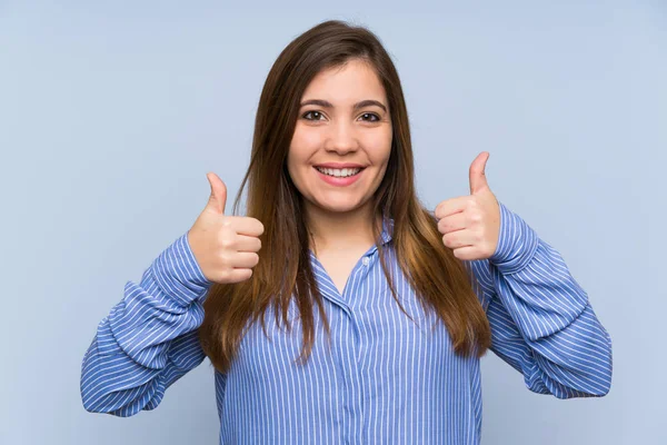 Young Girl Striped Shirt Giving Thumbs Gesture — Stock Photo, Image