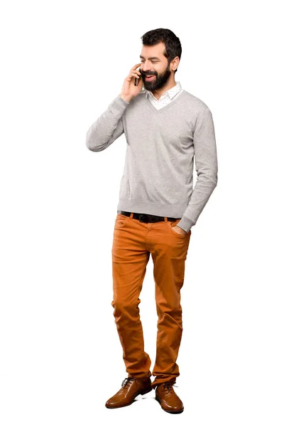 Przystojny Mężczyzna Prowadzenie Rozmowy Telefonem Komórkowym Białym Tle Białe — Zdjęcie stockowe