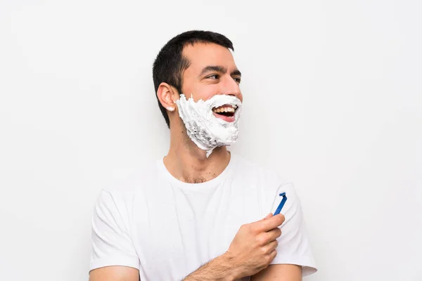 Homme Rasant Barbe Sur Fond Blanc Isolé Heureux Souriant — Photo