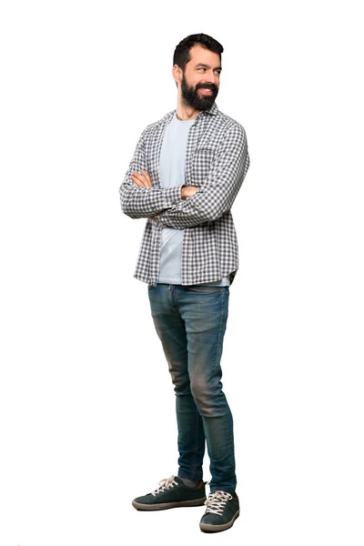 Bonito Homem Com Barba Com Braços Cruzados Feliz Sobre Fundo — Fotografia de Stock