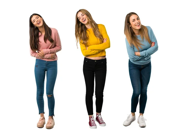 Uma Foto Completa Grupo Pessoas Com Roupas Coloridas Mantendo Braços — Fotografia de Stock