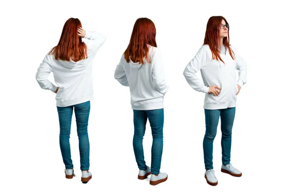 Set Van Jonge Roodharige Meisje Een Stedelijke Witte Sweatshirt Met — Stockfoto