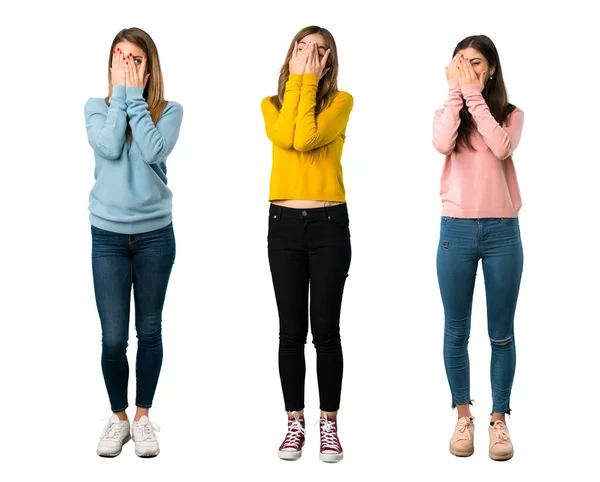 Full Length Shot Group People Colorful Clothes Covering Eyes Hands — Stock Photo, Image