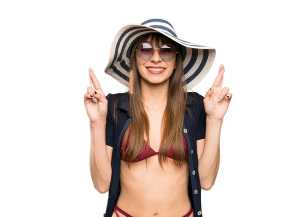 Jonge Vrouw Bikini Met Vingers Kruisen Geïsoleerde Witte Achtergrond — Stockfoto