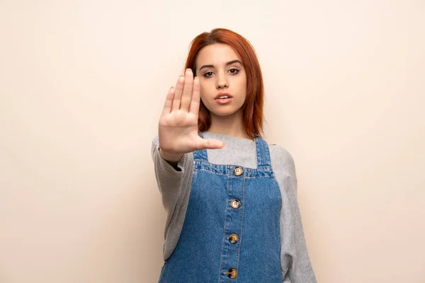 Young Redhead Woman Isolated Background Making Stop Gesture Denying Situation — 스톡 사진