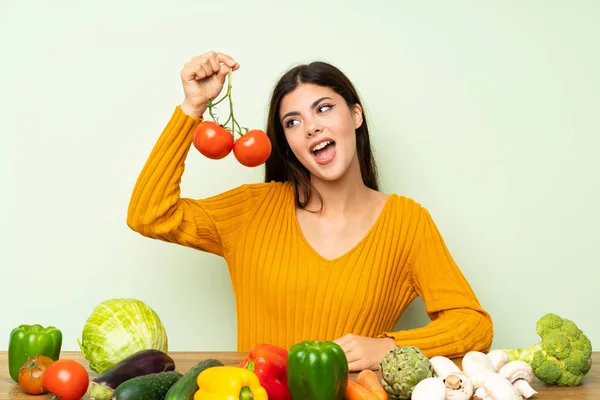 Happy Teenager Girl Many Vegetables Green Wall — Stock Photo, Image