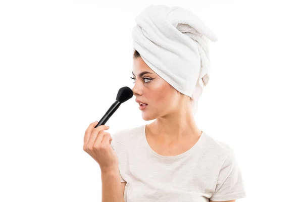 Teenager Girl Isolated White Background Makeup Brush — Stock Photo, Image