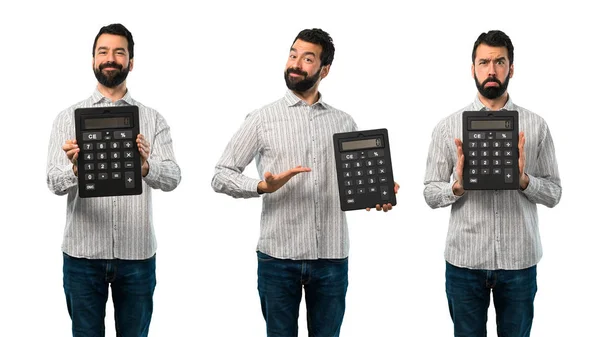 Collage Hombre Guapo Con Barba Sosteniendo Una Calculadora —  Fotos de Stock