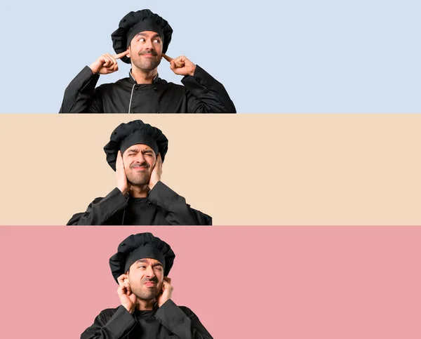 Set de Chef hombre en uniforme negro cubriendo ambas orejas con las manos o —  Fotos de Stock