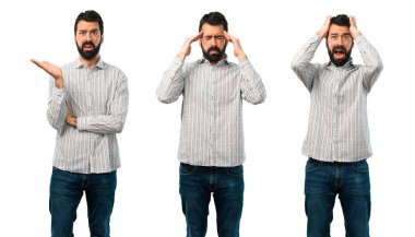 Sakallı yakışıklı adamın kolajı mutsuz ve bir şey ile sinirli. Negatif yüz ifadesi