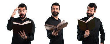 Sakallı ve kitap okuyan yakışıklı bir adam seti