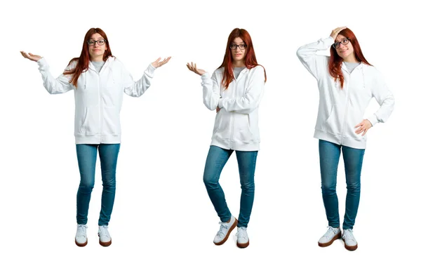 Set Van Jonge Redhead Meisje Een Stedelijke Witte Sweatshirt Met — Stockfoto
