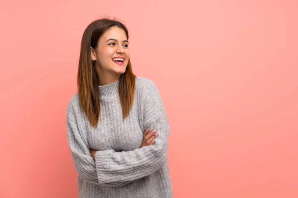 Young Woman Pink Wall Happy Smiling — 스톡 사진