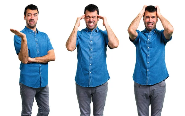 Conjunto Hombre Guapo Con Camisa Azul Infeliz Frustrado Con Algo —  Fotos de Stock