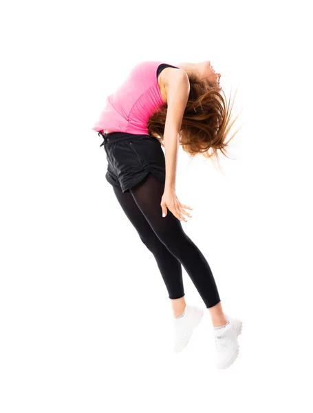 Joven Bailarina Sobre Fondo Blanco Aislado Saltando — Foto de Stock