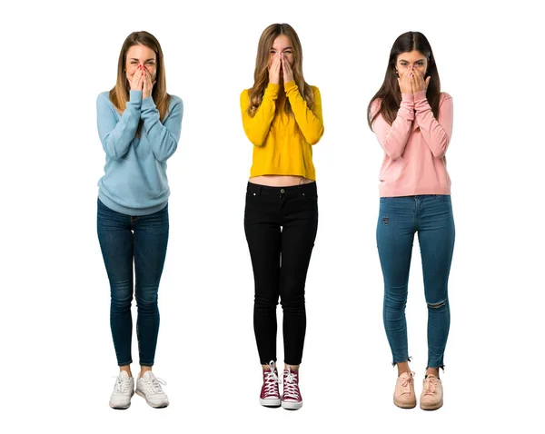 Uma Foto Completa Grupo Pessoas Com Roupas Coloridas Sorrindo Muito — Fotografia de Stock