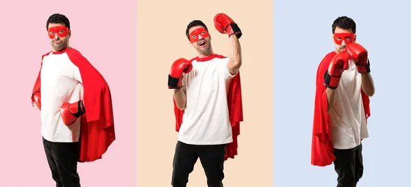 Set of Superhero man with mask and red cape and with boxing gloves on colorful background