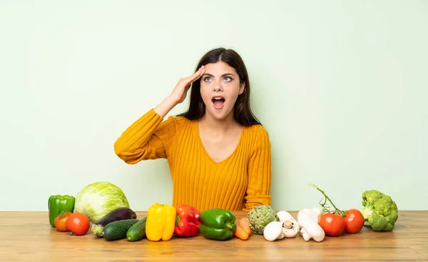 Teenager Girl Many Vegetables Has Just Realized Something Has Intending — Stock Photo, Image