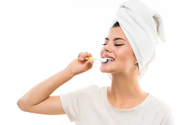 Teenager Girl Isolated White Background Brushing Her Teeths — Stock Photo, Image