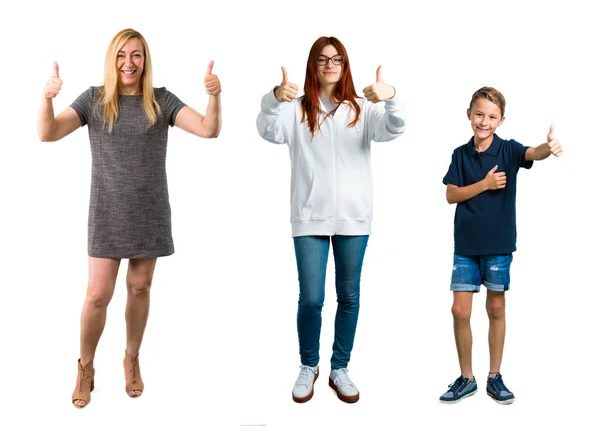 Grupo Niño Niña Mujer Rubia Mediana Edad Con Vestido Gris — Foto de Stock