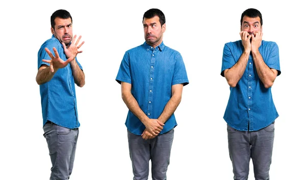 Conjunto Homem Bonito Com Camisa Azul Pouco Nervoso Assustado — Fotografia de Stock